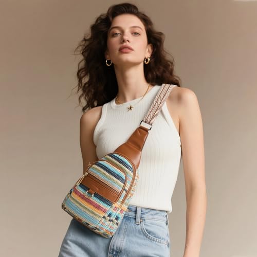 cakang Womens Sling Bag Crossbody Bags for Women Vegan Leather Sling Backpack Daypack Fanny Pack Crossbody Purse Travel - color: 7-rainbow Weaving-brown