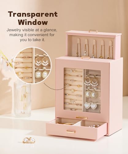 Homde Jewelry Organizer Girls Women Jewelry Box for Necklaces Rings Earrings Gift Bracelets Storage Case (Peach Pink + Gold) - color: Peach Pink + Gold