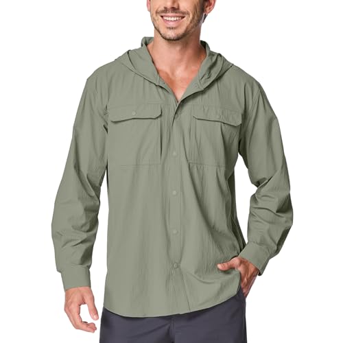 Mens Sun Protection Hiking Fishing Safari Shirts with Hood Long Sleeve Outdoor Quick Dry Shirts Hoodie - color: 5105 Grey Green, size: Large
