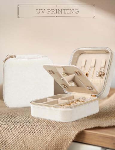 MFXIP Plush Velvet Travel Jewelry Case Small Jewelry Box Jewelry Organizer Storage Case Portable Jewelry Travel Case for Girls Womens Earring, Necklace, Rings,Bracelets with Mirror - color: Beige