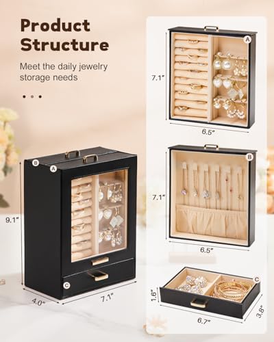 Homde Jewelry Organizer Box for Women Girls Necklaces Rings Earrings Bracelets Storage Case (Black + Gold) - color: Black + Gold