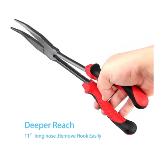 11" Long Nose Fishing Pliers, Straight & Bent Jaws, PTFE Coated Corrosion Resistant, Hook Remover & Braid Cutter Fishing Needle Nose Pliers, Saltwater Freshwater Gear for Bass Snook Trout - color: Red - Straight Needle Nose Pliers