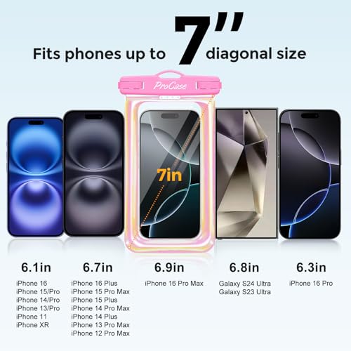 ProCase 2 Pack Floating Waterproof Phone Pouch IPX8, Universal Dry Bag Fits iPhone 17/16/15/14/13 Series,Galaxy S24/S23/S22, Pixel 8/7 (Up to 7”),Touchscreen, Underwater & Snow Protection -Pinkblue - color: Pink/Blue