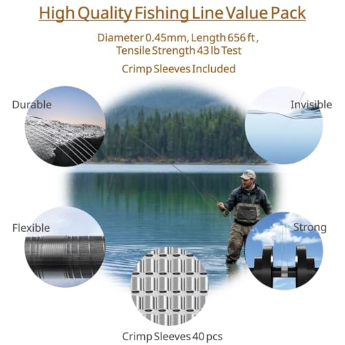 Aboda Clear Fishing Line 0.2-1 mm, Strong Invisible Nylon Fishing Wire 8-100 lb Test Includes Crimp Sleeves, Clear String for Hanging Decorations Balloons Garlands Beading Crafts & Jewelry - size: 0.45mm, 656ft, 43lb