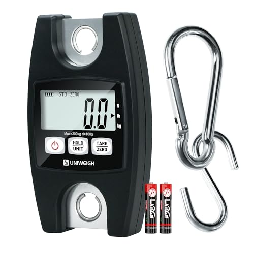 UNIWEIGH Digital Hanging Scale 660lb/300kg Handheld Crane Scales | Industrial Scales with Hooks,Luggage Scales with LCD/Hold/Tare for Weighing,Farm Hunting,Fishing Outdoor,Suitcases(Black)