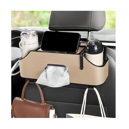 Car Seat Back Organizer with 2 Drink Cup Holder, Headrest Rear Seat Storage Organizer with Tissue Box and Hook, Multi-Functional Backseat Hanging Storage Box for Kids Travel (Beige) - color: Beige