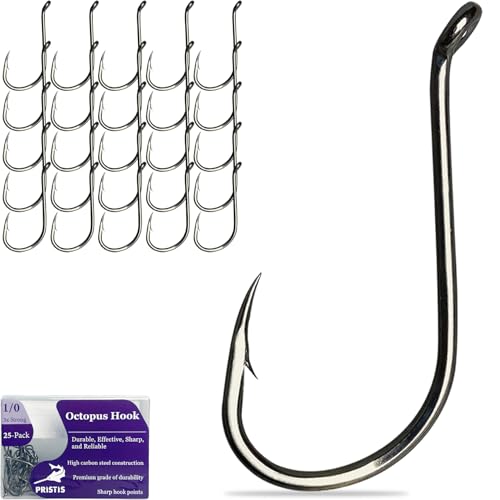 Pristis 25 Pack High Carbon Steel Fishing Hooks, Reinforced EWG Circle Octopus Round Bend 60 Degree Wide Gap Strong Barbed Worm Fish Hook Jig Bait Rig for Saltwater Freshwater Bass Tuna Walleye Trout - color: Octopus, size: 1/0