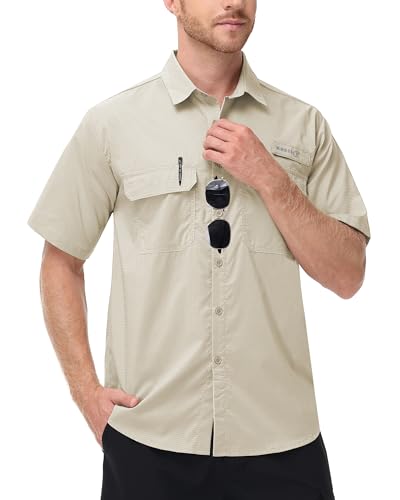 Satankud Fishing Shirts for Men Short Sleeve Sun Protection Cooling Hiking Shirt for Travel Safari Camping Work - color: Beige, size: Medium