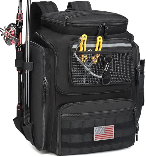 HAMBOLY Fishing Backpack 45L with Rod Holders, Water-Resistant Tackle Backpack for Fishermen, Large Capacity Fishing Gear Bag for Travel Hiking Camping - color: Black