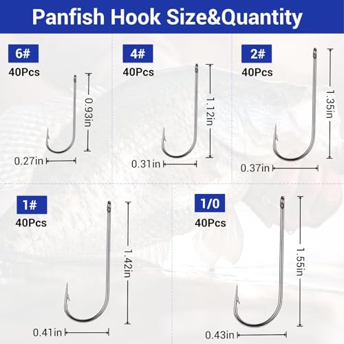 200Pcs Panfish Fishing Hooks Freshwater, Light Wire Crappie Hooks Straight Shank Aberdeen Hook for Bluegill Small Bass 5 Sizes Assorted 6# 4# 2# 1# 1/0