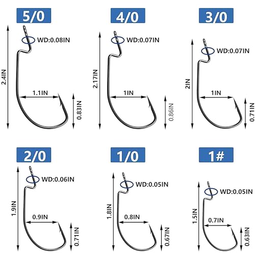 Bass Fishing Hooks 3X Strong Offset EWG Worm Hooks Jigs for Soft Plastic Bait Bass Trout Texas Rig 1-5/0 - size: 150PCS-1/0