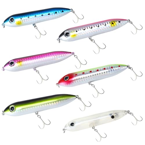6 Pcs Topwater Fishing Lure, Top Water Lures for Saltwater and Freshwater, Rattling Line Float Lure, Pencil-Shaped Lures Simulated Fishing Hooks 0.46 oz, for Catfish Bass, Mullet