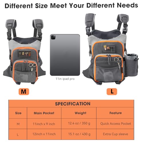 QulayQualy Fly Fishing Pack - Chest Pack with Work Station Lightweight Tackle Fishing Bag with Quick-Release - color: Orange & Grey, size: L-12''