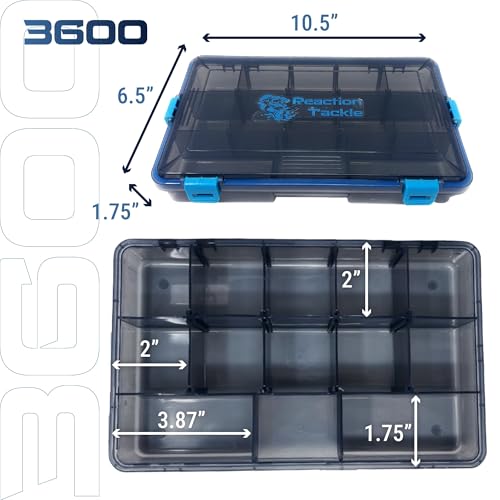 Reaction Tackle Standard Tackle Trays, Plastic Tackle Box Organizers with Four Secure Latches, Removable Dividers and Semi Transparent Lid for Fishing Storage - 3600 (2-Pack) - size: 3600 (2-Pack)