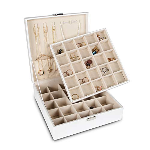 Frebeauty Earring Organizer Classic Jewelry Box 50 Slots Double Layer Jewelry Storage Case with 6 Necklace Hook and Bracelet Pocket(Pearl White) - color: White
