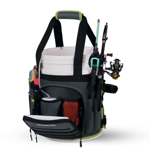 Boomistry Fishing Bucket Organizer for 5 Gallon Bucket, Dark Gray | 15 Multi-Pockets, 4 Built-in Rod Holder Storage, 3 Adjustable Buckles, for All Fishing Gear & Tackle Accessories - color: Dark Gray