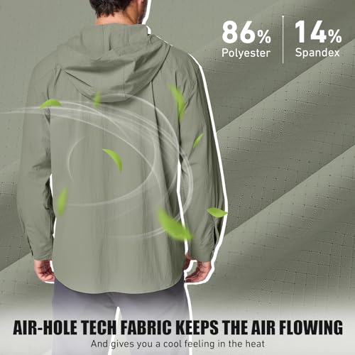 Mens Sun Protection Hiking Fishing Safari Shirts with Hood Long Sleeve Outdoor Quick Dry Shirts Hoodie - color: 5105 Grey Green, size: Small