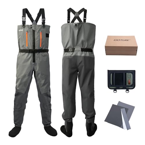 Goture 5-Layer Waterproof Stocking Foot Waders, Breathable Fly Fishing Waders for Men Women, Multiple Storage Pockets 5 Sizes - color: Gray - Chest Zipper - Gift Box Pack, size: Large