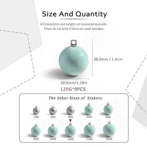 Lead Free Fishing Weights Sinkers 20g-200g Coated Egg Sinkers Cannonball Weights Assorted Sizes Bag and Fishing Weights Assortment Box Non-Lead Fishing Weights Saltwater Freshwater - style: 120g(4.23oz)-9pcs