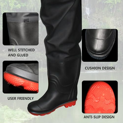 Fishing Chest Waders and Waist Wader Pants for Men, Waterproof PVC Lightweight Bootfoot Black Insulated Wading - size: 11