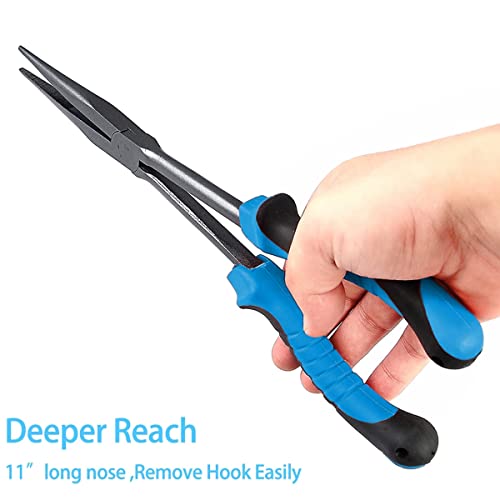 11" Long Nose Fishing Pliers, Straight & Bent Jaws, PTFE Coated Corrosion Resistant, Hook Remover & Braid Cutter Fishing Needle Nose Pliers, Saltwater Freshwater Gear for Bass Snook Trout - color: Blue Black