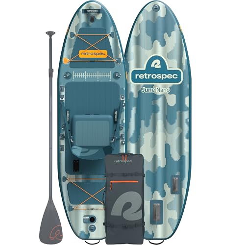 Retrospec June Nano Kids Inflatable Fishing Paddle Board SUP Kayak: 9'6" Hybrid Paddleboard with Rod Holders, Removable Seat - Lightweight Portable Youth Fishing Board - color: River Rock