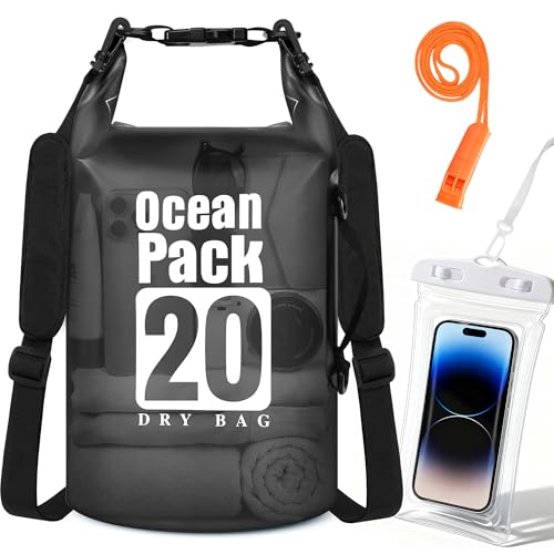 TILYMOL Dry Bag Waterproof, Roll Top Small Waterproof Backpack 20L, Floating Lightweight Bag with Water Proof Phone Pouch for Kayaking, Paddle Boarding, Boating, Fishing, Swimming - color: Black