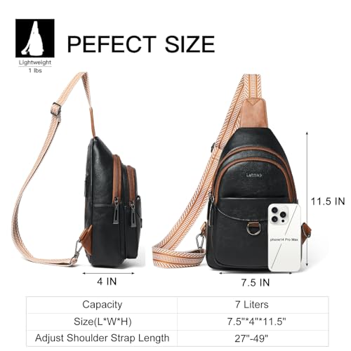 LATMAP 7L Sling Bag for Women Men Crossbody Belt Bag Small Travel Sling Backpack Anti Theft Chest Daypack Purse Faux Leather - color: Black With Brown