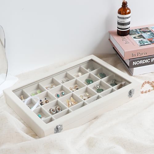 Wudygirl Jewelry Organizer Earring Holder Jewelry Tray with Lid Velvet Jewelry Box Jewelry Display Case Bracelet Earrings Ring Holder for Women Dresser (Beige 24 Grid Jewelry Tray) - color: Beige, size: 24 Grid