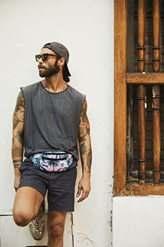 Vibe Festival Gear Rave Fanny Pack for Women Men – Festival, 4 Pockets, Adjustable Strap, Cute Waist Bag, Crossbody Belt Bag, Hiking, Running, Cycling - color: Palm Leaves Pink Tropical, size: Fits Most
