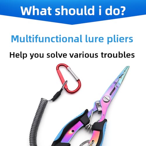 Premium Saltwater & Freshwater Fishing Pliers – Rainbow Titanium-Coated Rust-Resistant Multi-Tool with Tungsten Carbide Line Cutters, Split-Ring Tip, Non-Slip Ergonomic Grip & Coiled Lanyard