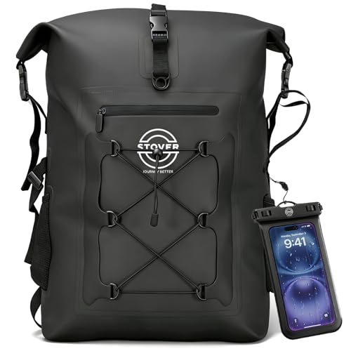 STOVER 5/10/25/30/40/55L Waterproof Dry Bag- Roll-Top Backpack w/Phone Case- Kayaking, Hiking, Camping, Boating- Men/Women - color: 55l Black (With Phone Case), size: 55L