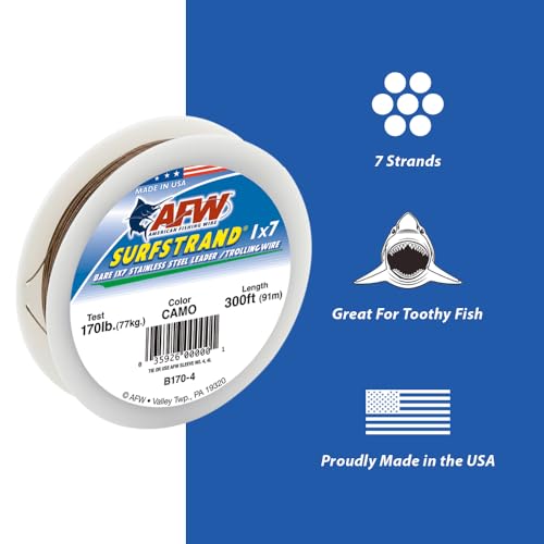 American Fishing Wire Surfstrand Bare 1x7 Stainless Steel Leader Wire - Fishing Leader Line for Saltwater, 20lb Test - 325lb Test in Bright, Camo in 30ft, 300ft, 600ft and 1,000ft Lengths - color: Camo, size: 30 lb / 30 ft