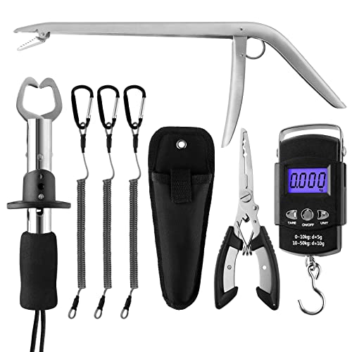 mouhike Fishing Tool Kit Fishing Pliers, Fish Lip Gripper, Fishing Hook Remover, Handheld Digital Fishing Scale, Ice Fly Fish Pliers Fishing Gear Accessories Fishermen Gift (Battery Not Included) - color: Silver+Black, style: 7pcs_Tools(Battery Not Includ