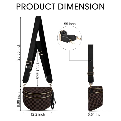 Checkered Nylon Crossbody Bag Bum Bag for Women Mom Large Checkered Fanny Packs with Adjustable Strap - color: Black Brown Checkered