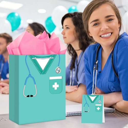 Hooqict Large Nurse Graduation Gift Bag Nurse Gift Wrap Bag with Handles, Tissue Paper, Greeting Cards for Her Women New Grad Nursing Student Medical School Graduation Party Gifts Supplies - color: Nurse