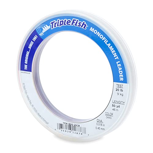 Triple Fish Monofilament Fishing Leader - Clear, Camo Strong Tough Leader Material for Big Game Fishing, Up to 400lb Test - color: Camo, style: 20 Lb Test, 0.45 Mm Dia, 50 Yd