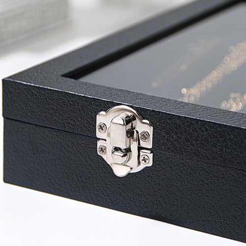 14 Hooks Necklace Storage Tray, Velvet Neckalce Organizer Box with Clear Lid, Pendant Chain Necklace Jewelry Organizer Drawer Tray for Women Girls (Black) - color: Black