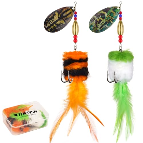 THKFISH Musky Pike Walleye Fishing Lure, Rooster Tail Fishing Lures with Hard Metal Brass Inline Spinner Baits with Tackle Box for Trout Bass Salmon Freshwater Saltwater Lures - color: Green&Orange, size: 1.3 oz---2pcs