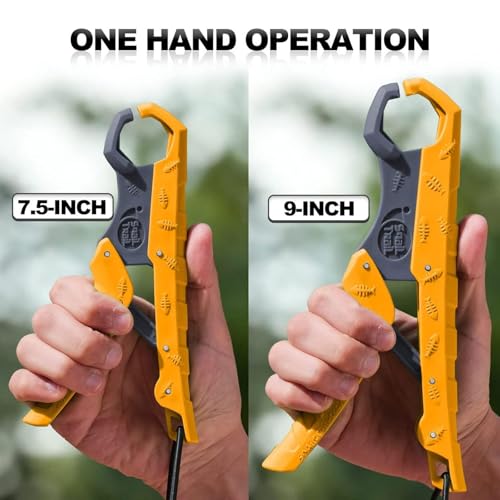 SNAIL TRAIL 7.5''/9'' Floating Fish Gripper, Fishing Grabber, Catfish Mouth Pliers, Caught Bass Holder, Digital Scale Hook Clamp, Saltwater Lip Grip Tool with Lanyard, Gifts for Men, Yellow-Gray - color: Yellow-gray, size: 9"