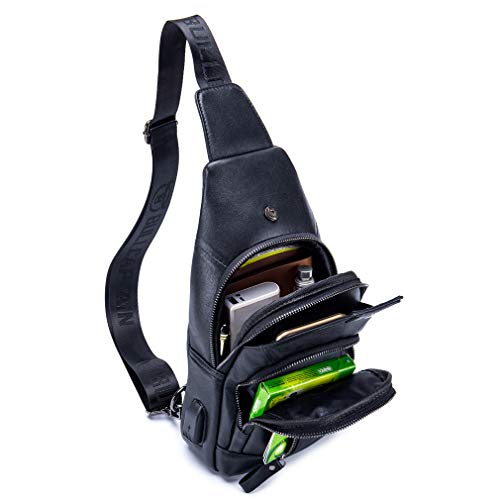 Hebetag Leather Sling Bag Casual Daypack for Men Women Outdoor Travel Hiking Camping Fishing Cycling Crossbody Shoulder Chest Pack Pouch Backpack Black - color: #03black