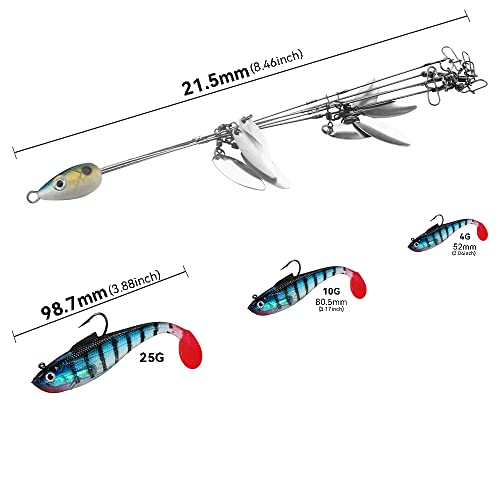 5 Arms Alabama Rig Fishing Lure, Umbrella Rig with Spinner for Striper, A-Rig for Boat Trolling Frashwater/Saltwater, with Soft Swimbait and Hooks for Bass Crappie Walleye Pickerel Trout Perch - color: bluish grey, size: Large