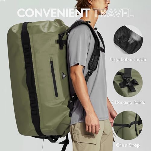 Haimont IPX7 Waterproof Roll-Top Dry Duffel Backpack | 60L/90L Sizes, 500D Tarpaulin, Welded Seams, Mesh Pockets, Boating & Kayaking - color: Army Green, size: 90L