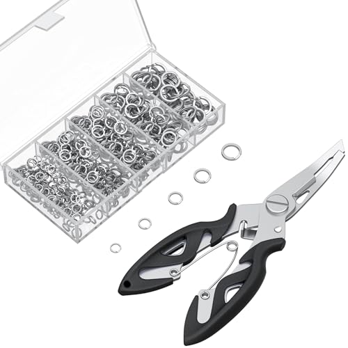 Pawfly 250 Pcs Split Rings and Split Ring Pliers, 5 Sizes Fishing Split Rings & Fishing Pliers Kit for Fishing, Fishing Lure Connectors, Stainless Steel Split Rings for Saltwater & Freshwater - color: Black