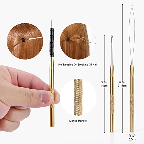 EHDIS Hair Extension Beading Tool Kit Stainless Steel Hair Extensions Micro link Bead Closer and Remover Pliers set, Beads Hair Pulling Hook & Micro Ring Loop Tool Set (Gold) - color: Gold
