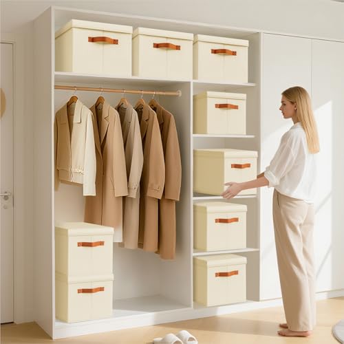 Homsorout Storage Bins with Lids - Large Fabric Closet Bins with Lid, 6 Pack Clothes Organizers and Storage, Collapsible Stackable Cube Basket for Home, Office, Dorm, Beige - color: Beige, size: XL(6-Pack)