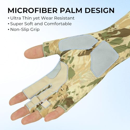 KastKing Agies Fishing Gloves Men, UPF 50+ Sun Gloves UV Protection, Cooling Quick-Dry 3/4 Fingerless Gloves with Extended Cuff, Microfiber Palm & Pull Tabs, for Fishing, Kayaking, Hiking, Hunting - color: X Camo-Multi Purpose, size: Large-X-Large
