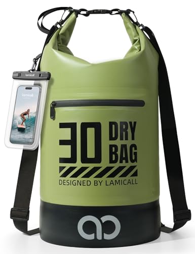 Lamicall Waterproof Dry Bag with Phone Pouch - 5L/10L/20L/30L/40L Floating Roll Top Backpack for Kayaking Boating Beach Camping Fishing - Heavy Duty 500D PVC Marine Dry Sack for Men, Women, Green 30L - color: Olive Green, size: 30L