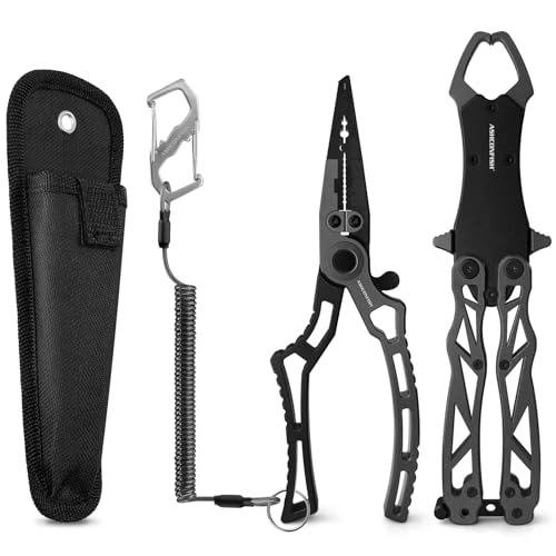 Ashconfish Fish Lip Gripper Pliers - Upgraded Muti-Function Aluminum Alloy Hook Remover and Split Ring Pliers for Fly Fishing, Ice Fishing, Fishing Gear (Dark Grey) - color: Dark Grey