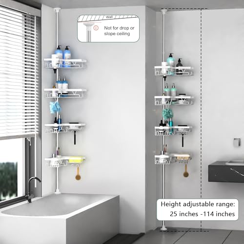 DAOYA Shower Caddy Tension Pole Corner - Stainless Steel Bathroom Organizer White Tension Rod Shower Shelves for Tub(22-114.2inch), Renter Friendly - color: White